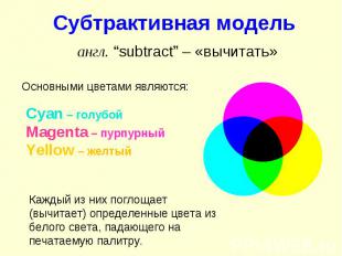 Субтрактивная модель англ. “subtract” – «вычитать» Основными цветами являются: C