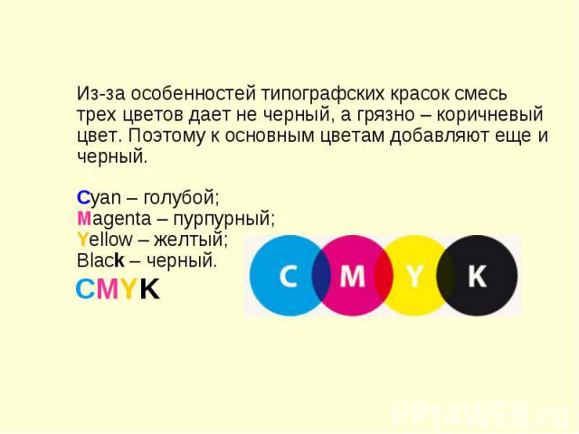 Из-за особенностей типографских красок смесь трех цветов дает не черный, а грязно – коричневый цвет. Поэтому к основным цветам добавляют еще и черный.Cyan – голубой;Magenta – пурпурный;Yellow – желтый;Black – черный.