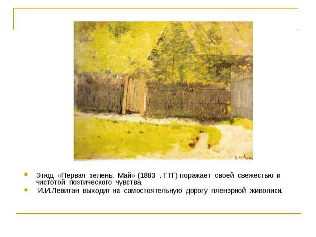 Этюд «Первая зелень. Май» (1883 г. ГТГ) поражает своей свежестью и чистотой поэтического чувства. И.И.Левитан выходит на самостоятельную дорогу пленэрной живописи.