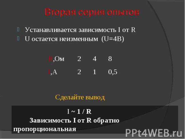 Устанавливается зависимость I от RU остается неизменным (U=4В) I ~ 1 / R Зависимость I от R обратно пропорциональная