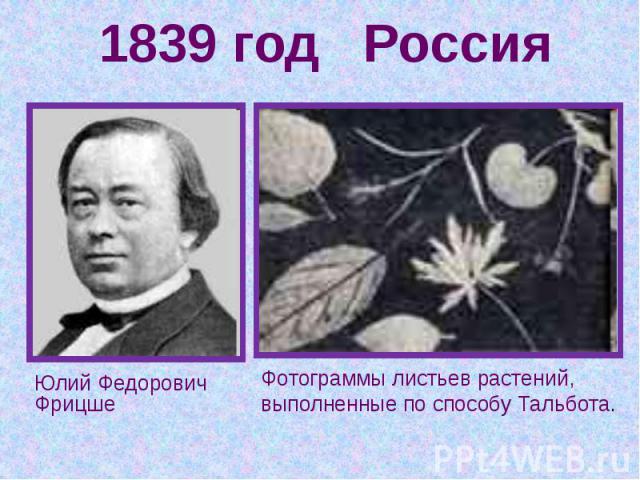 1839 год РоссияЮлий Федорович Фрицше Фотограммы листьев растений, выполненные по способу Тальбота.
