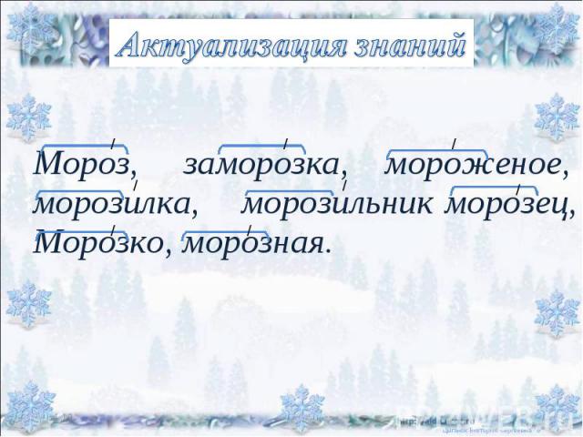 Актуализация знаний Мороз, заморозка, мороженое,морозилка, морозильник морозец, Морозко, морозная.