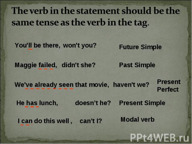 The verb in the statement should be the same tense as the verb in the tag.