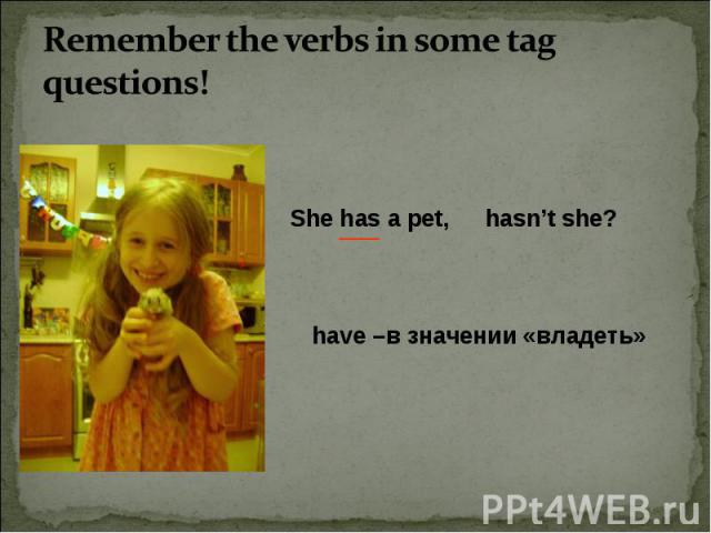 Remember the verbs in some tag questions! She has a pet, hasn’t she? have –в значении «владеть»