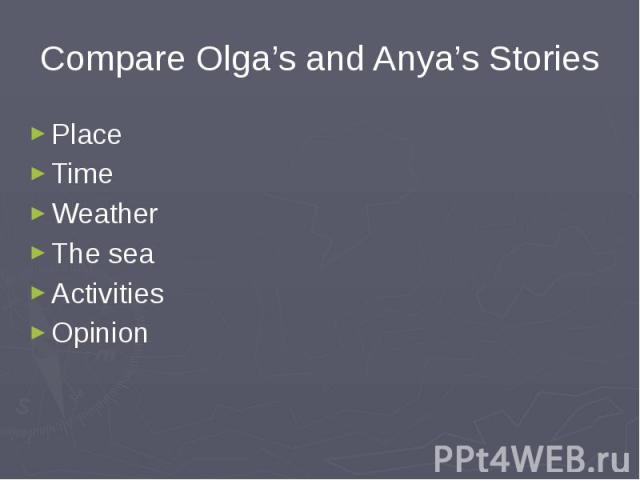 Compare Olga’s and Anya’s Stories PlaceTimeWeatherThe seaActivitiesOpinion