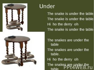 The snake is under the table,The snake is under the table.Hi ho the derry ohThe