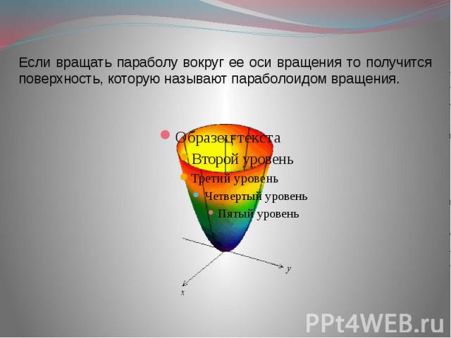 Если вращать параболу вокруг ее оси вращения то получится поверхность, которую называют параболоидом вращения.