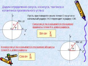 Дадим определение синуса, косинуса, тангенса и котангенса произвольного угла α.