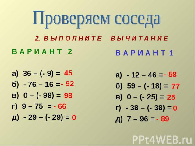 Проверяем соседа В А Р И А Н Т 2а) 36 – (- 9) =б) - 76 – 16 =в) 0 – (- 98) =г) 9 – 75 =д) - 29 – (- 29) = В А Р И А Н Т 1а) - 12 – 46 =б) 59 – (- 18) =в) 0 – (- 25) = г) - 38 – (- 38) =д) 7 – 96 =