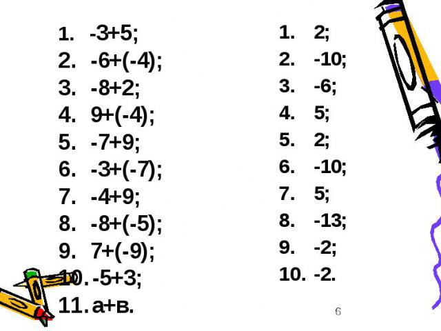 -3+5; -6+(-4); -8+2; 9+(-4); -7+9; -3+(-7); -4+9; -8+(-5); 7+(-9); -5+3; а+в. 2; -10; -6; 5; 2; -10; 5; -13; -2; -2.