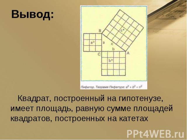Вывод: Квадрат, построенный на гипотенузе, имеет площадь, равную сумме площадей квадратов, построенных на катетах