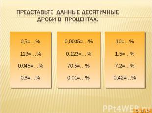 Представьте данные десятичные дроби в процентах: 0,5=…%123=…%0,045=…%0,6=…% 0,00