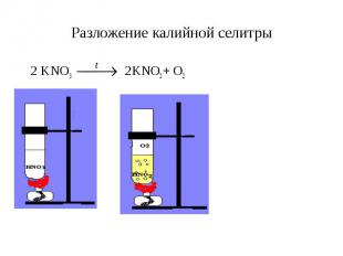 Разложение калийной селитры 2 KNO3 &nbsp; 2KNO2+ O2&nbsp;