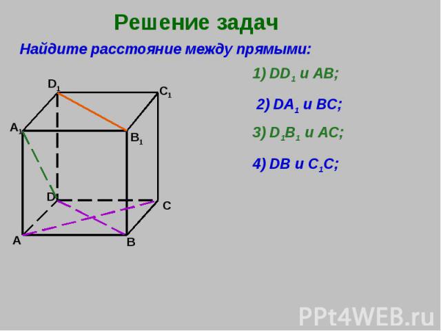 Решение задач Найдите расстояние между прямыми: 1) DD1 и АВ; 2) DA1 и ВС; 3) D1B1 и АС; 4) DB и С1С;