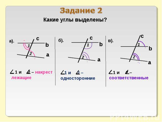 Задание 2 Какие углы выделены? 1 и 2 – накрест лежащие 1 и 2 – односторонние 1 и 2 – соответственные