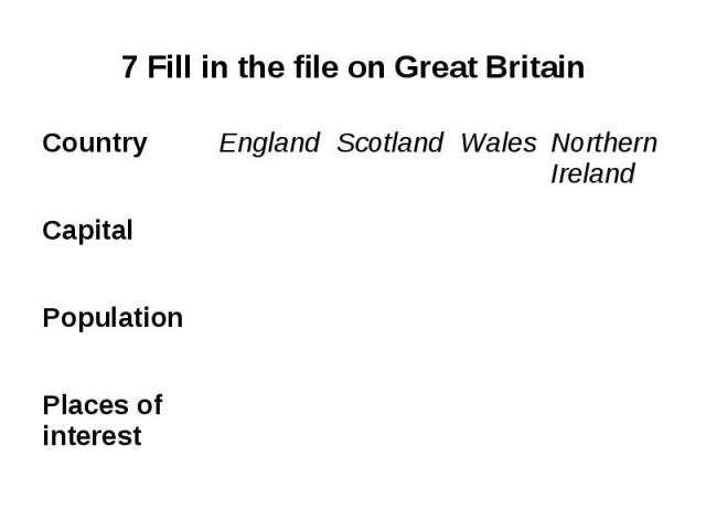7 Fill in the file on Great Britain