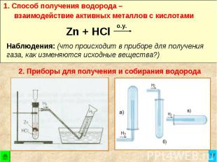 1. Способ получения водорода – взаимодействие активных металлов с кислотами Набл