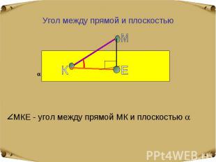 Угол между прямой и плоскостью МКЕ - угол между прямой МК и плоскостью