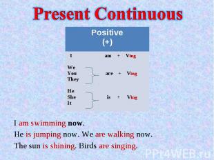 Present Continuous I am swimming now. He is jumping now. We are walking now.The