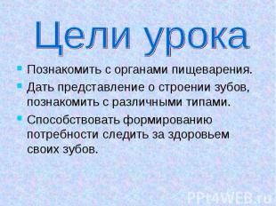 Цели урока Познакомить с органами пищеварения.Дать представление о строении зубо