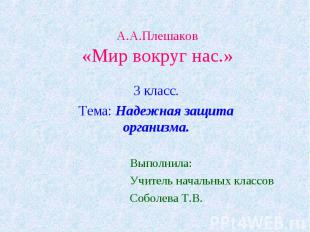 А.А. Плешаков «Мир вокруг нас.» 3 класс. Тема: Надежная защита организма. Выполн