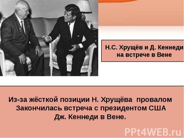 Н.С. Хрущёв и Д. Кеннедина встрече в Вене Из-за жёсткой позиции Н. Хрущёва провалом Закончилась встреча с президентом СШАДж. Кеннеди в Вене.