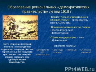Образование региональных «демократических правительств» летом 1918 г. Комитет чл