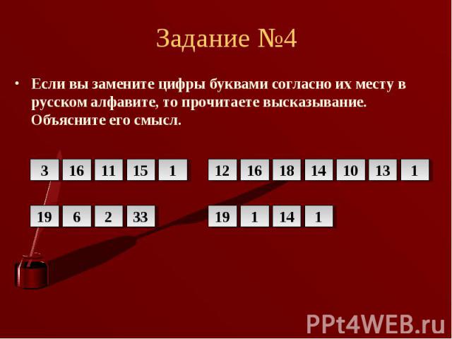 Если вы замените цифры буквами согласно их месту в русском алфавите, то прочитаете высказывание. Объясните его смысл.