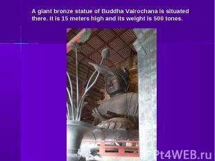 A giant bronze statue of Buddha Vairochana is situated there. It is 15 meters hi
