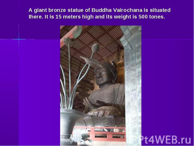 A giant bronze statue of Buddha Vairochana is situated there. It is 15 meters high and its weight is 500 tones.