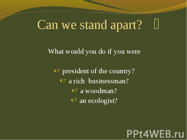 Can we stand apart? What would you do if you were president of the country? a rich businessman? a woodman? an ecologist?