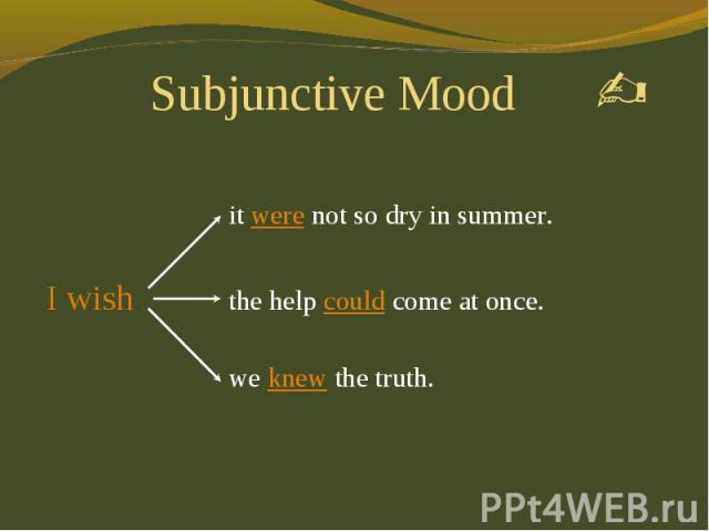 Subjunctive Mood it were not so dry in summer. the help could come at once. we knew the truth.