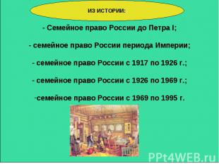 Семейное право России до Петра I; - семейное право России периода Империи; - сем