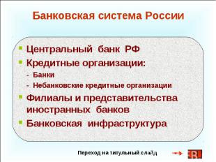 Переход на титульный слайд Банковская система России Центральный банк РФ Кредитн
