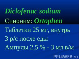 Diclofenac sodium Синоним: Ortophen Таблетки 25 мг, внутрь 3 р/с после еды Ампул