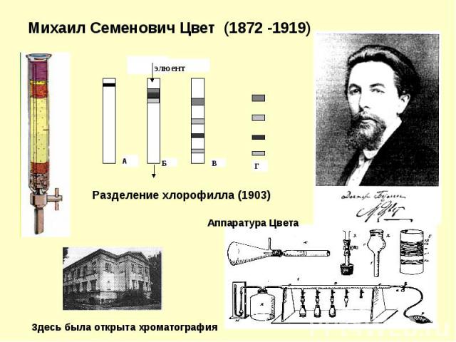 A Б В Г элюент Михаил Семенович Цвет (1872 -1919) Разделение хлорофилла (1903) Здесь была открыта хроматография Аппаратура Цвета