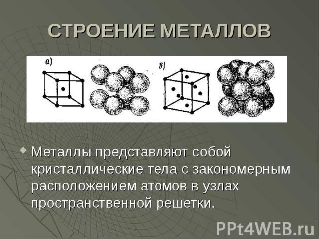 СТРОЕНИЕ МЕТАЛЛОВ Металлы представляют собой кристаллические тела с закономерным расположением атомов в узлах пространственной решетки.
