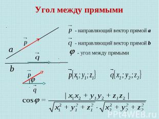 Угол между прямыми - направляющий вектор прямой а - направляющий вектор прямой b