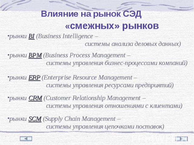 рынки BI (Business Intelligence – системы анализа деловых данных) рынки BPM (Business Process Management – системы управления бизнес-процессами компаний) рынки ERP (Enterprise Resource Management – системы управления ресурсами предприятий) рынки CRM…