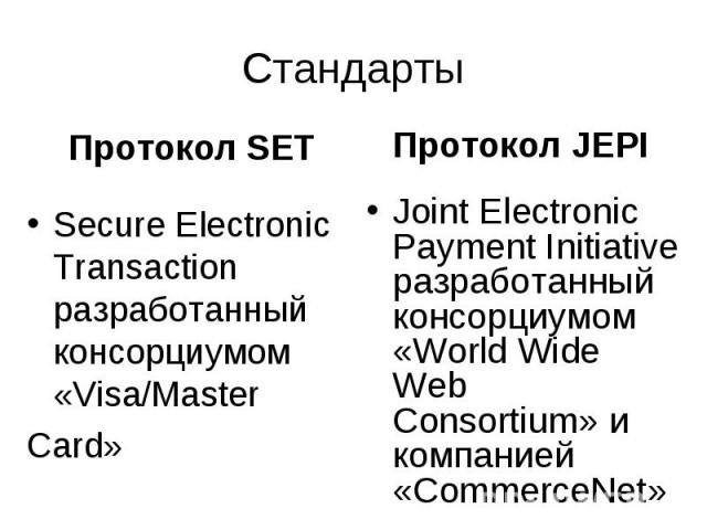 Стандарты Протокол SET Secure Electronic Transaction разработанный консорциумом «Visa/Master Card» Протокол JEPI Joint Electronic Payment Initiative разработанный консорциумом «World Wide Web Consortium» и компанией «CommerceNet»