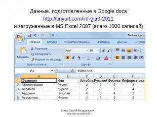Данные, подготовленные в Google docs http://tinyurl.com/inf-gia9-2011 и загружен