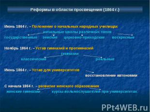 Реформы в области просвещения (1864 г.) Июнь 1864 г. – Положение о начальных нар