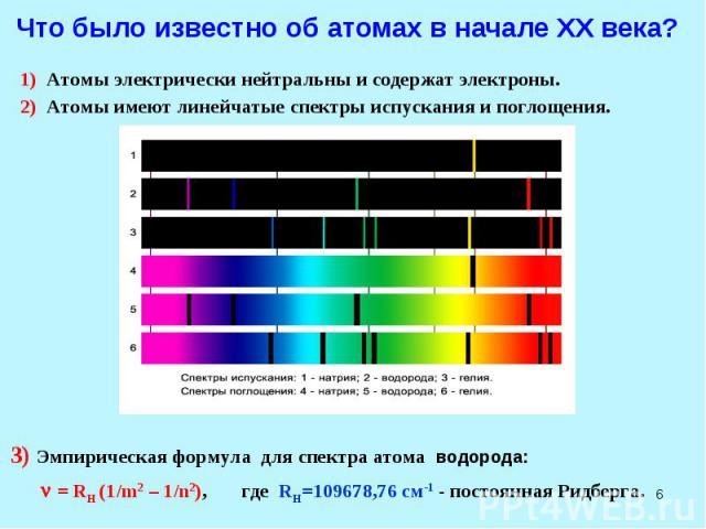 * Что было известно об атомах в начале XX века? 1) Атомы электрически нейтральны и содержат электроны. 2) Атомы имеют линейчатые спектры испускания и поглощения. 3) Эмпирическая формула для спектра атома водорода: = RH (1/m2 – 1/n2), где RH=109678,7…