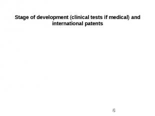 Stage of development (clinical tests if medical) and international patents