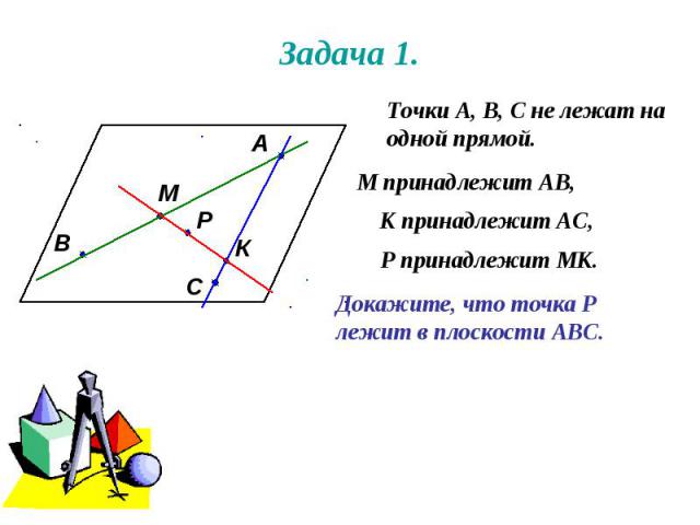 Задача 1. А В С М К Р Точки А, В, С не лежат на одной прямой. М принадлежит АВ, К принадлежит АС, Р принадлежит МК. Докажите, что точка Р лежит в плоскости АВС.