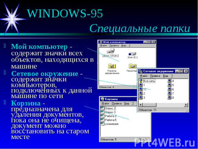 WINDOWS-95 Специальные папки Мой компьютер - содержит значки всех объектов, находящихся в машине Сетевое окружение - содержит значки компьютеров, подключённых к данной машине по сети Корзина - предназначена для удаления документов, пока она не очище…