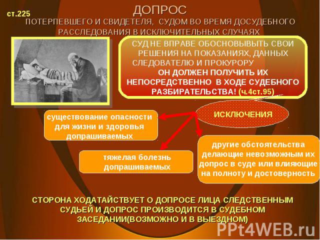 ст.225 СУД НЕ ВПРАВЕ ОБОСНОВЫВЫТЬ СВОИ РЕШЕНИЯ НА ПОКАЗАНИЯХ, ДАННЫХ СЛЕДОВАТЕЛЮ И ПРОКУРОРУ ОН ДОЛЖЕН ПОЛУЧИТЬ ИХ НЕПОСРЕДСТВЕННО В ХОДЕ СУДЕБНОГО РАЗБИРАТЕЛЬСТВА! (ч.4ст.95) ИСКЛЮЧЕНИЯ существование опасности для жизни и здоровья допрашиваемых тяж…