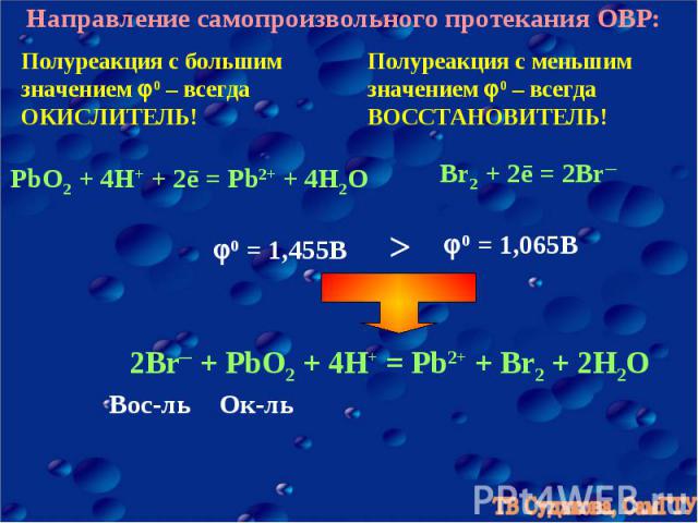Направление самопроизвольного протекания ОВР: Полуреакция с большим значением 0 – всегда ОКИСЛИТЕЛЬ! Полуреакция с меньшим значением 0 – всегда ВОССТАНОВИТЕЛЬ! PbO2 + 4H+ + 2ē = Pb2+ + 4H2O Br2 + 2ē = 2Br─ 0 = 1,455В 0 = 1,065В > 2Br─ + PbO2 + 4H+ =…