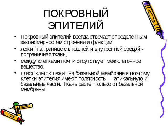 ПОКРОВНЫЙ ЭПИТЕЛИЙ Покровный эпителий всегда отвечает определенным закономерностям строения и функции: лежит на границе с внешней и внутренней средой - пограничная ткань, между клетками почти отсутствует межклеточное вещество, пласт клеток лежит на …