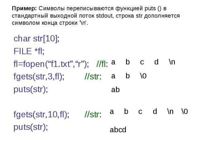 \\n d c b a \\0 b a ab d \\0 \\n c b a abcd Пример: Символы переписываются функцией puts () в стандартный выходной поток stdout, строка str дополняется символом конца строки \'\\n\'. char str[10]; FILE *fl; fl=fopen(“f1.txt”,“r”); //fl: fgets(str,3,…